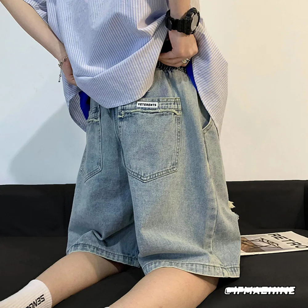 Summer Men Hole Wide Leg Denim Shorts Fashion 5-point Middle Baggy Harajuku Streetwear Hip Hop Short Jeans