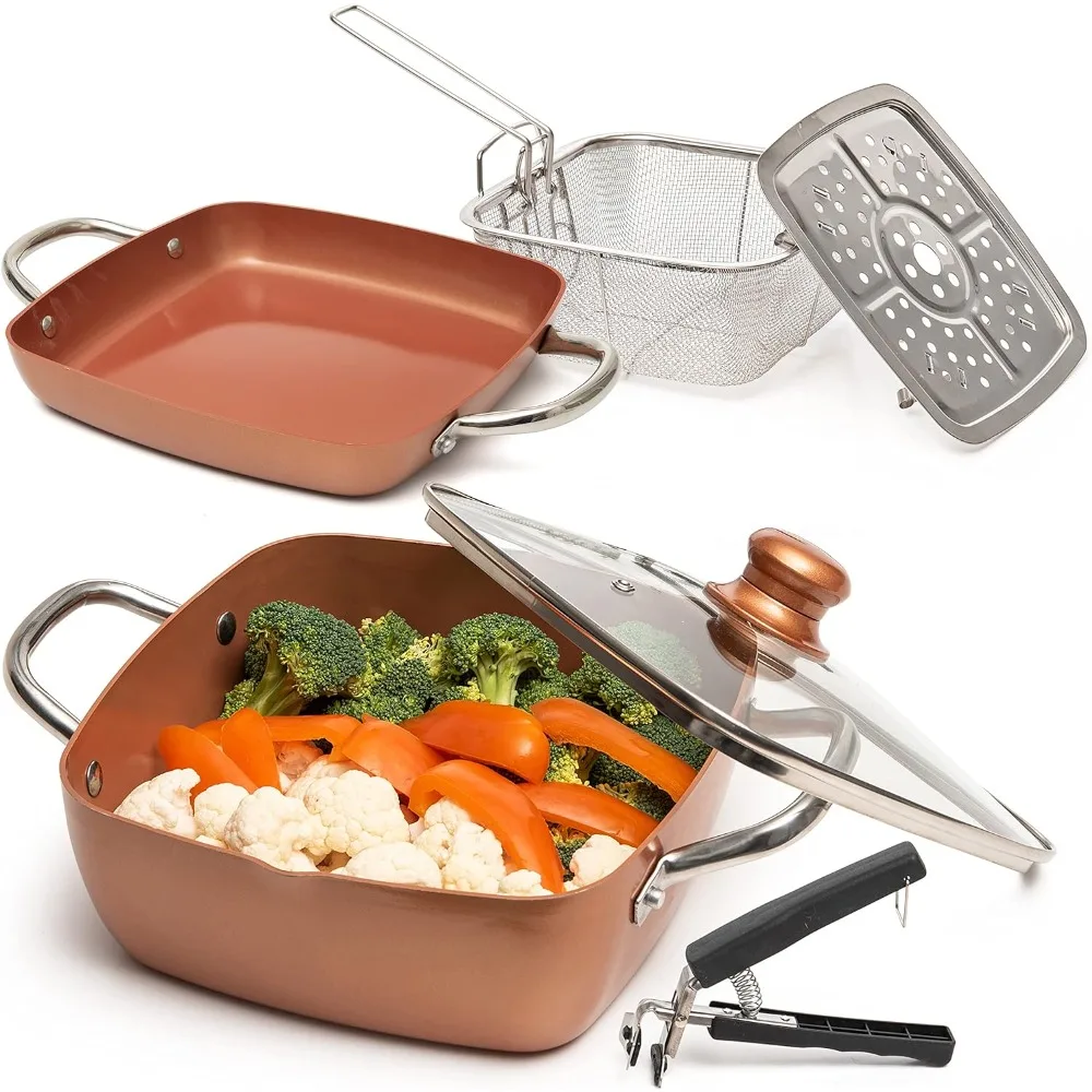 

6-Piece Copper Chef Non-Stick Deep Frying Pan Set with Fry Basket and Steamer Rack, Dishwasher and Oven Safe