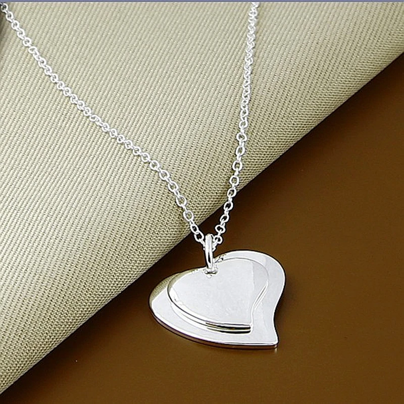 

925 Sterling Silver Double Heart Pendant Necklace For Women 18 Inch Chain Birthday Party Anniversaries Fashion Jewelry