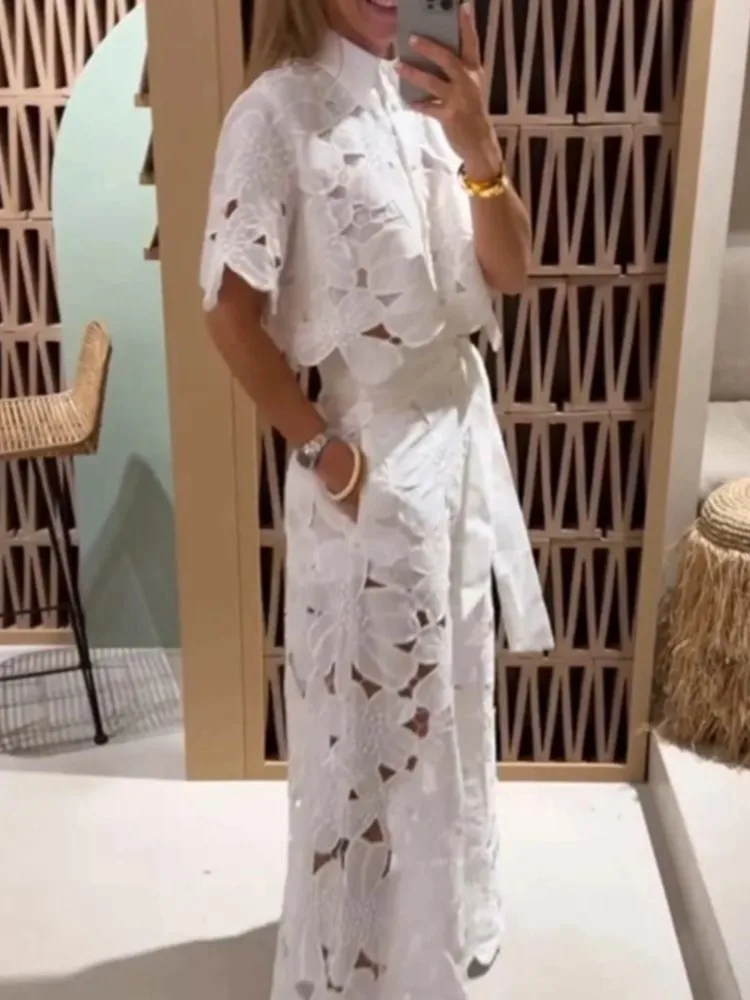Women Lace Hook Flower Hollow Two Piece Sets Elegant Summer Solid Turn-down Collar Half-sleeved Crop Top And Wide-leg Pants Set