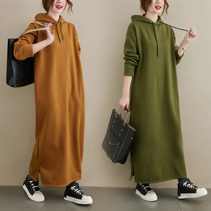 

Women's Casual Loose Sweatshirt Dress, Long Sleeve, Monochromatic, Warm, Thick Pockets Hoodie, Female Long Dress, Autumn, Winter