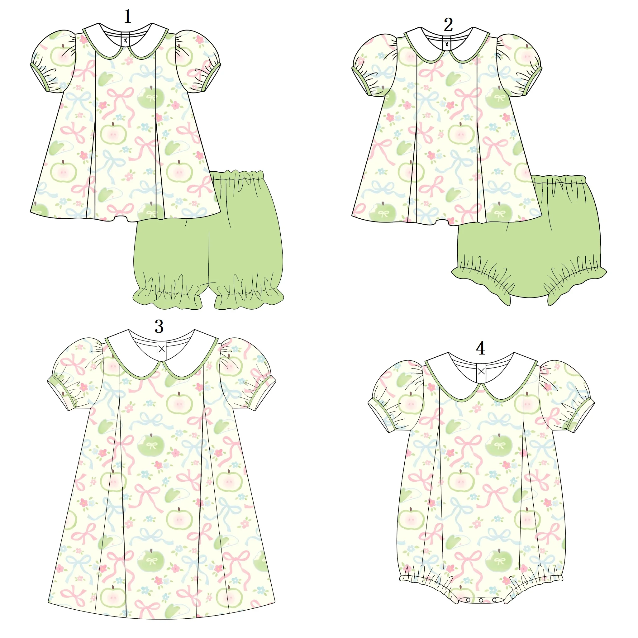 

Fashion High Quality Girls Clothing Green Apple Bow Print Girls Outfit Sets Girls Dresses Onesies