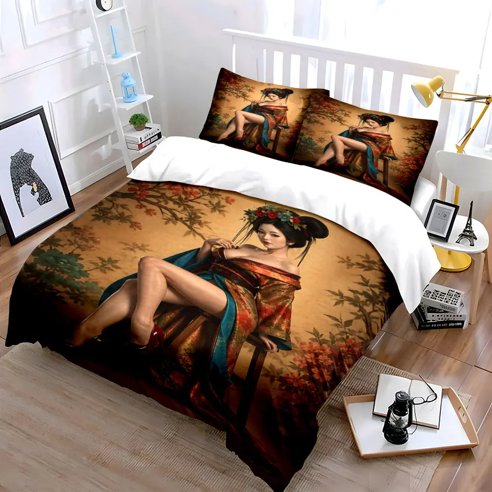 Elegant woman in ornate kimono sitting Print Bedding Set 1 Duvet Cover 2 Pillowcases for Adult and Children Luxury Gift