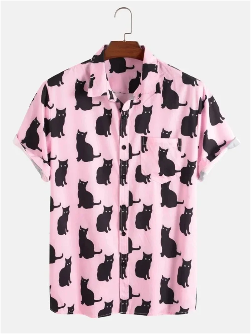 Zomer Allover Cat Print Shirt Heren Casual Korte Mouw Hawaiiaans Casual Button Revers Shirt voor Zomer Heren Revers Fashion Shirt