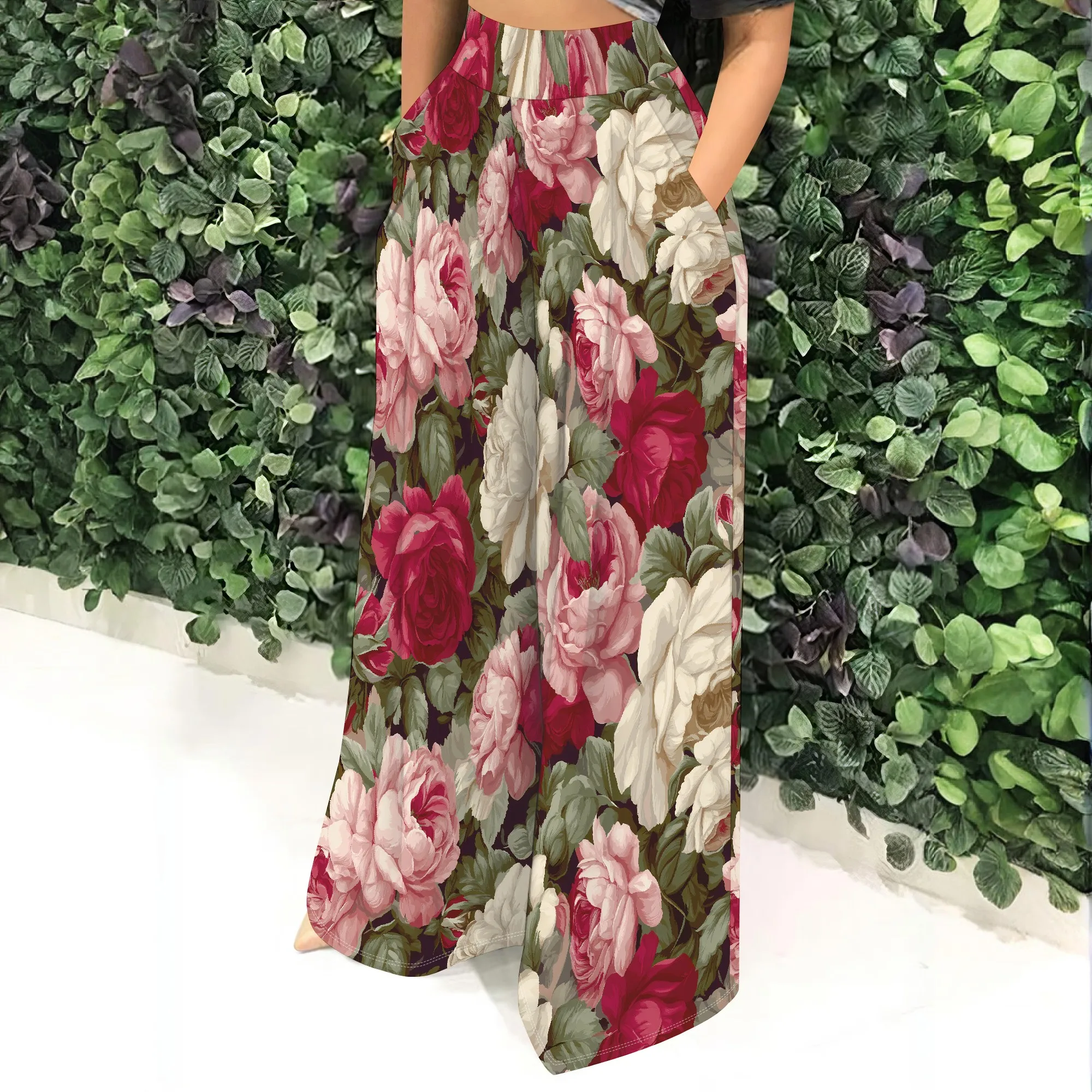 Floral Print High Waist Wide Leg Pants, Rose Pattern Trousers, Pocket Palazzo Pants for Women, S-2XL