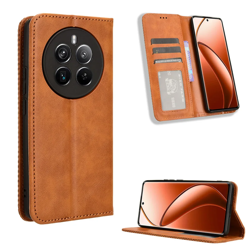 Realme 12 PRO PLUS Retro Leather Flip Case Wallet Book Holder Flip Magent Auto Closed Cover Realme12 Realme 12 PRO+ Phone Bags