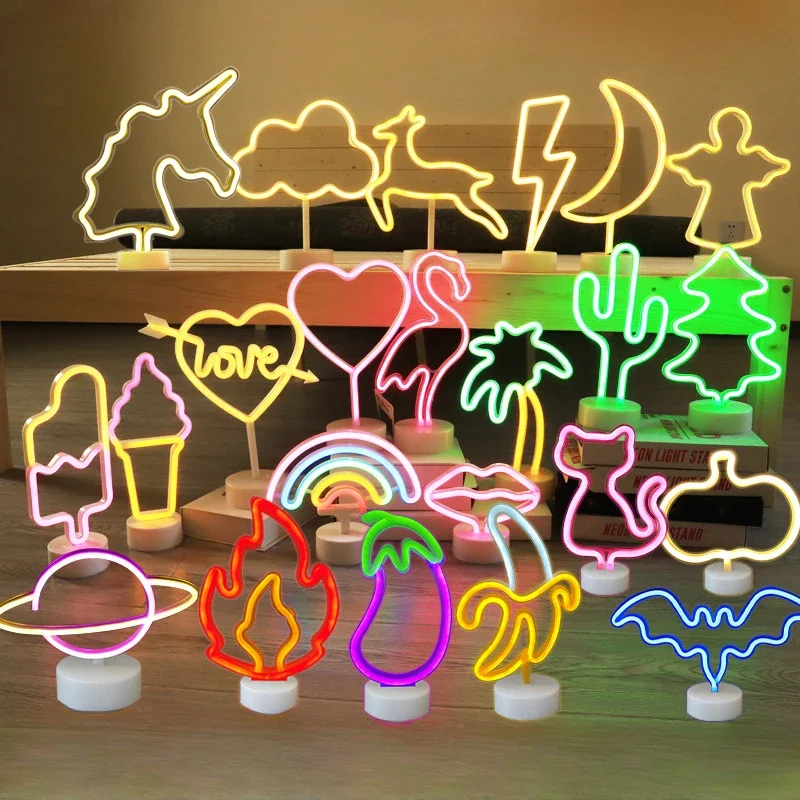 LED Neon Night Lamps Cactus Flamingo Shaped Desk Lamp Cloud Moon Bedroom Decoration USB Small Night Light Neon Decor Light