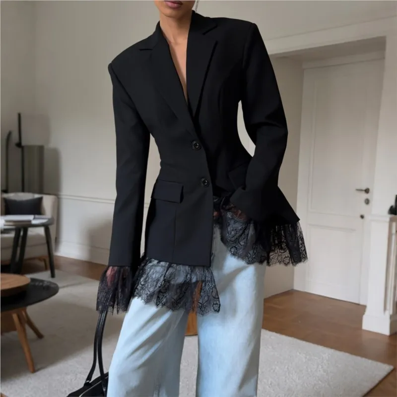 

Single Breasted Blazer Women New Autumn Winter Black Long Sleeve Lace-Trimmed Splice Fashion Jacket Пальто Женск