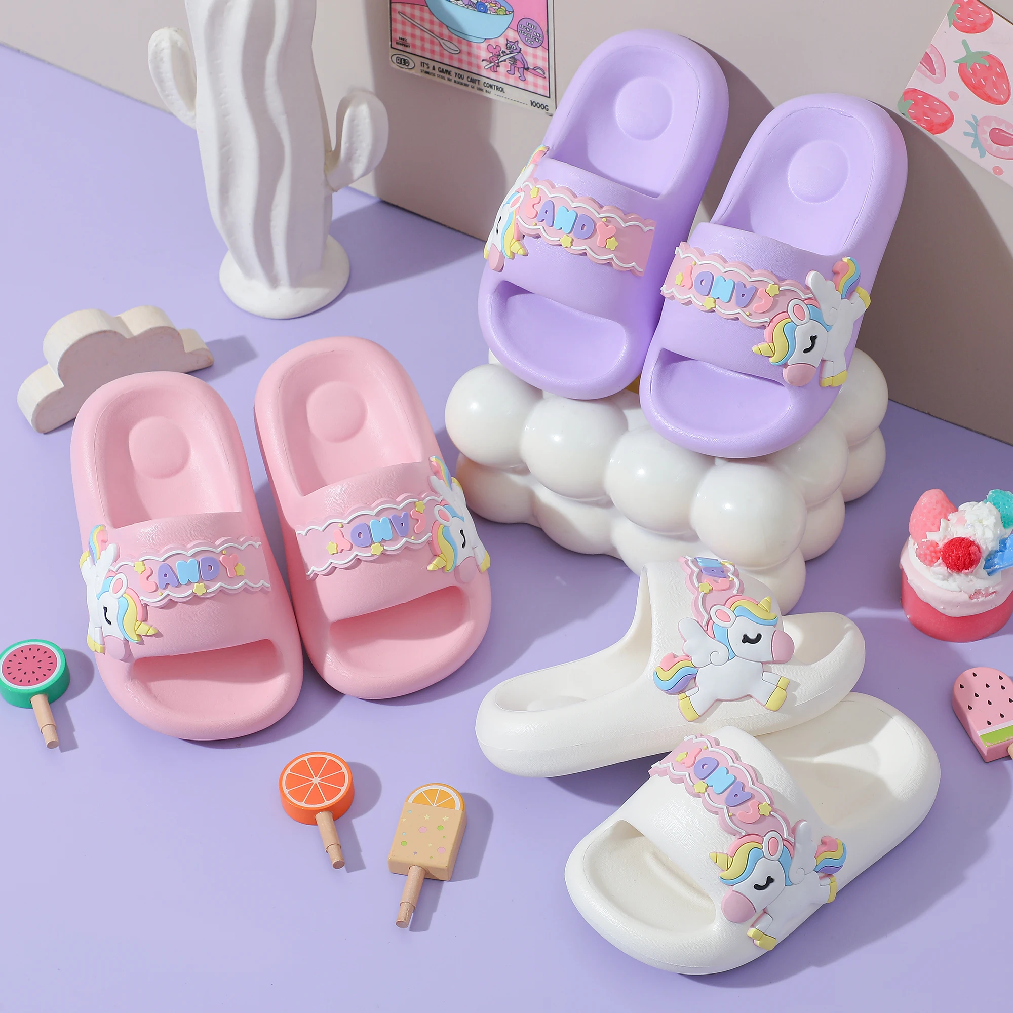 

2025's New Hot-Selling Comfortable Slippers for Girls and Babies, Eva High-Elasticity and Poop-Feeling Rainbow Pony Cartoon Ligh
