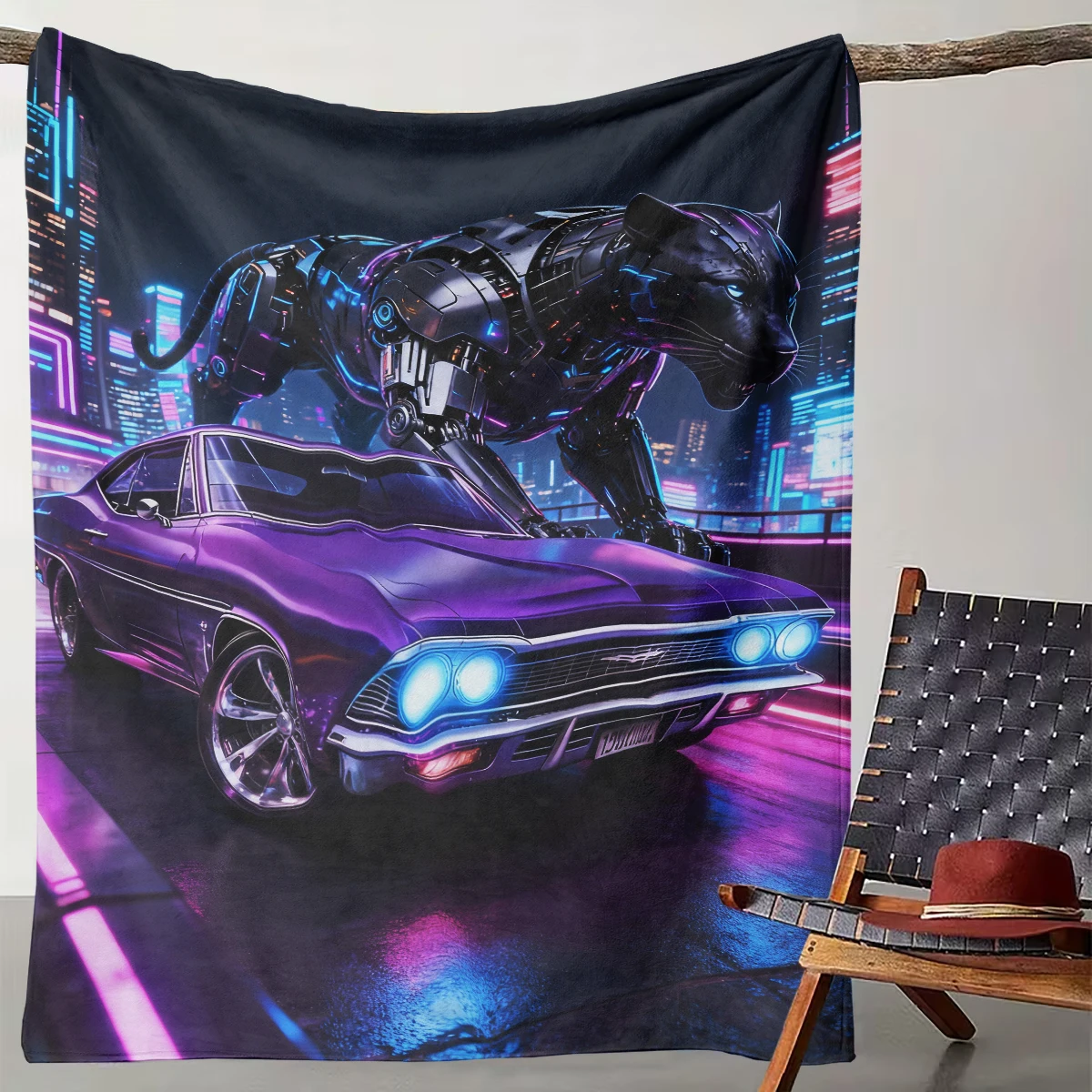 

1 Cyber ​​Mechanical Black Panther Purple Car Blanket Future Urban Style Flannel Throw Blanket