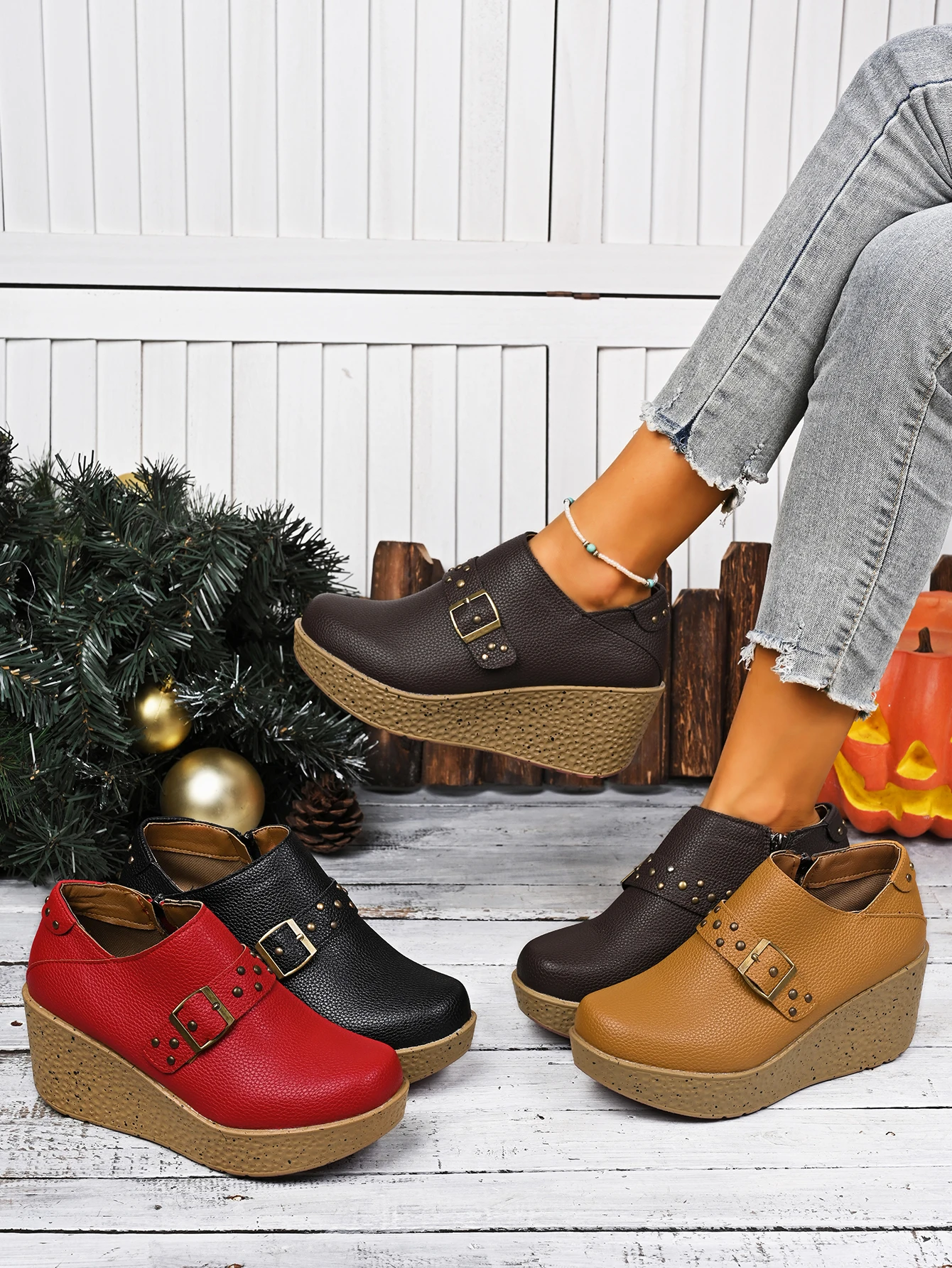 

New Spring and Autumn Casual Fashion Sponge Cake Thick Bottom One Word Buckle Rivet Zipper Women's Oxford shoes