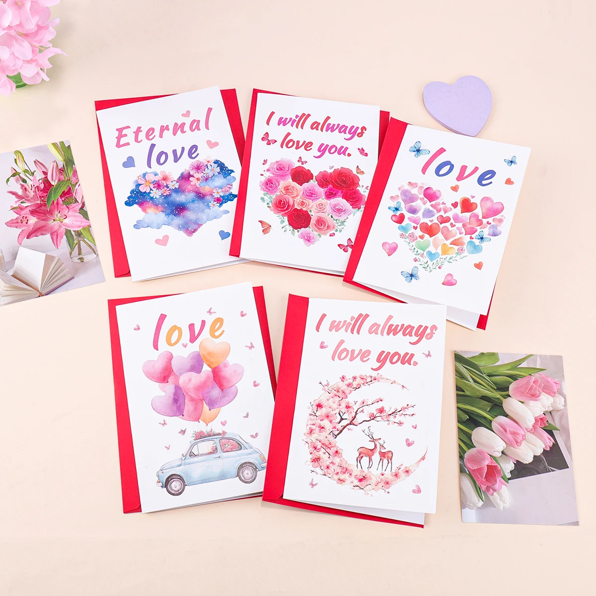 

Valentine's Day Birthday Card Set, Romantic Heart Cards for Writing Blessings, Anniversary Gift for Couples, Includes Envelopes
