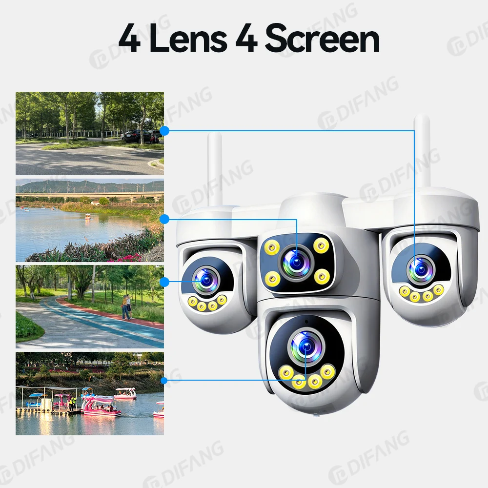 20MP WiFi Wireless IP Camera 4 Lens 4 Screen 6 Motors 3 PTZ 5X Zoom Auto Tracking Waterproof Outdoor Home Surveillance