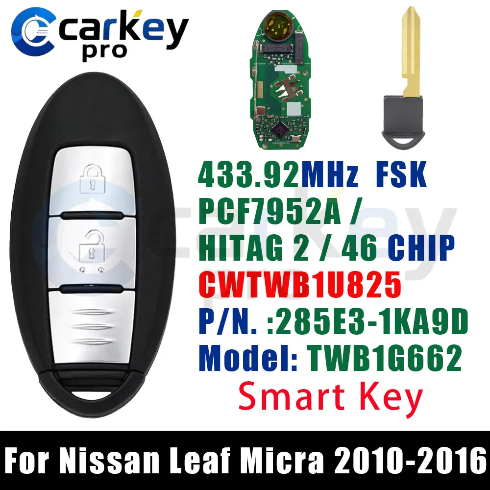 Carkeypro 2 Buttons Smart Key 433 MHz PCF7952A HITAG 2 46 Chip CWTWB1U825 285E3-1KA9D For Nissan Leaf Micra 2010-2016