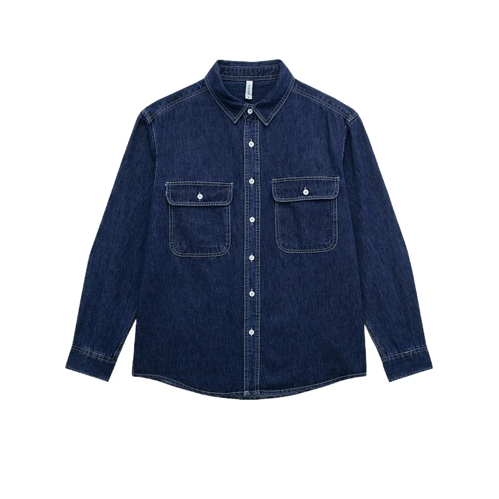 

2026 New Cotton Long Sleeve Denim Shirt for Men Solid Double Pocket Decoration Fashion Loose Vintage Men's Clothing