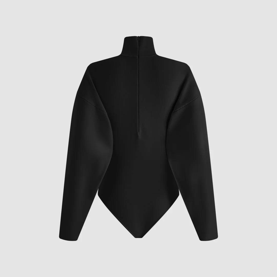 2026 Oversized Turtleneck Bodysuit Sweater – Avant-Garde Drop-Shoulder Knit Top with High-Cut Leg in Cream & Black