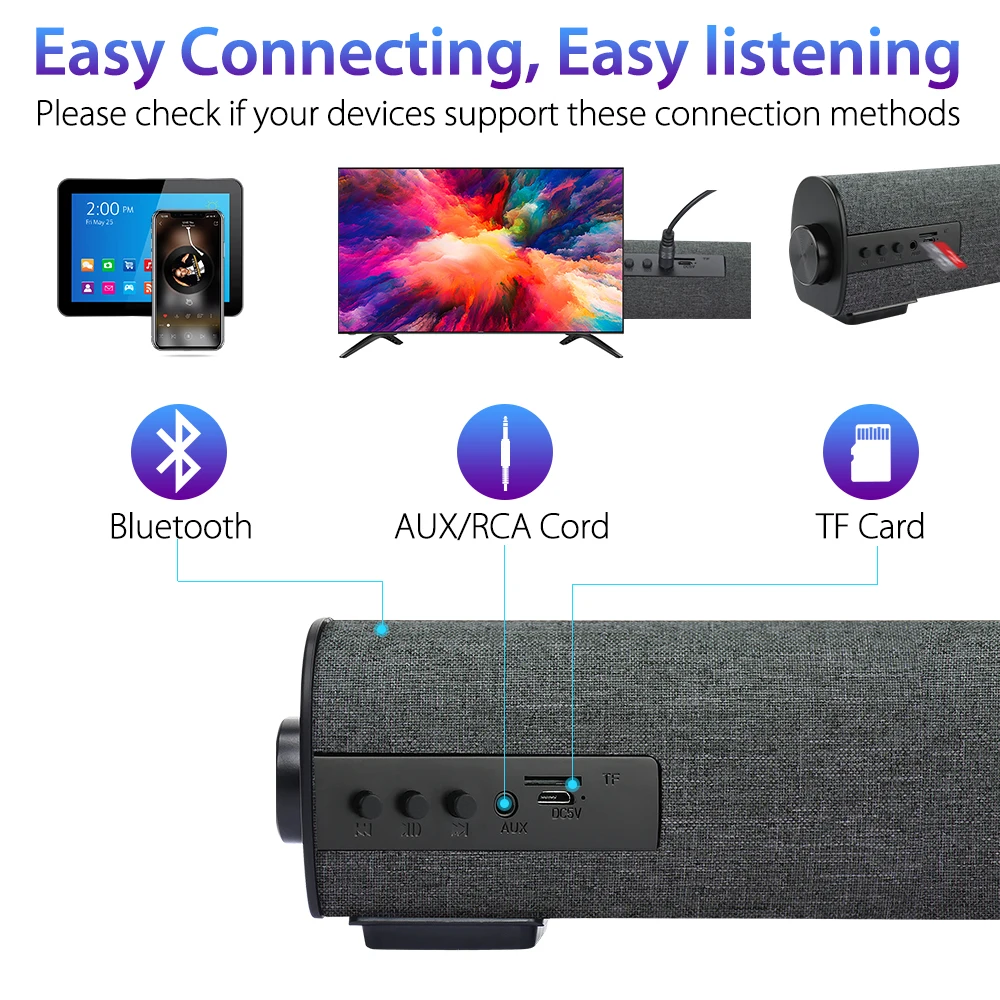 20W Wireless Bluetooth Soundbar Wired Speaker with Remote Control Home Theater Stereo Sound bar Built-in Subwoofer for TV Phone