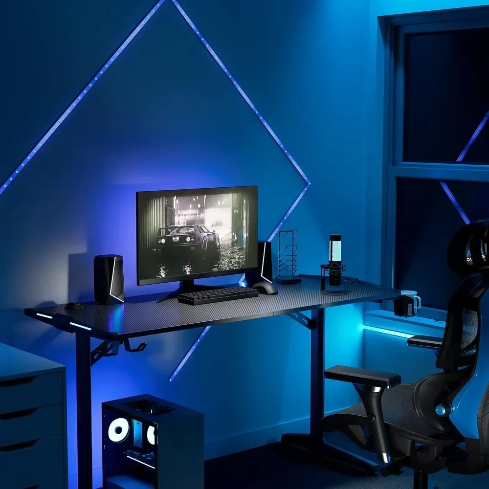 55 Inch RGB LED Gaming Desk with Lights Up, PC Computer Studio Gamer Table I Shaped Home Office Workstation, w Free Mouse Pad