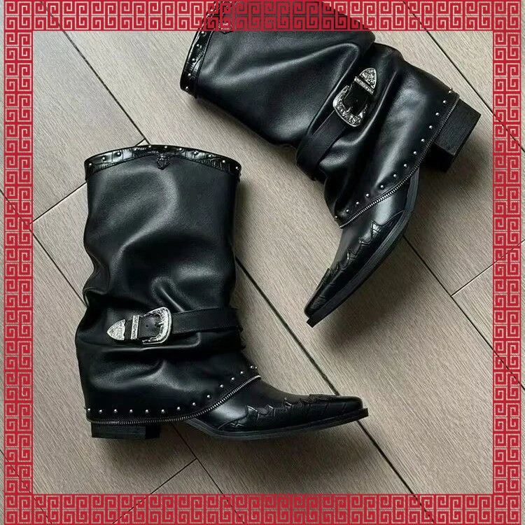 

Flame Pattern Design 2026 Summer New Pointed Thick Heel Thin Rivet Chain Stacking Knight Boots