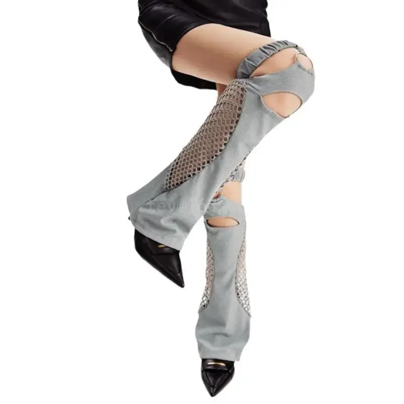 Women Harajuku Suspender Flared Leg Warmer Aesthetic Punk Garters Stockings Hollow Out Fishnet Leg Cover Streetwear