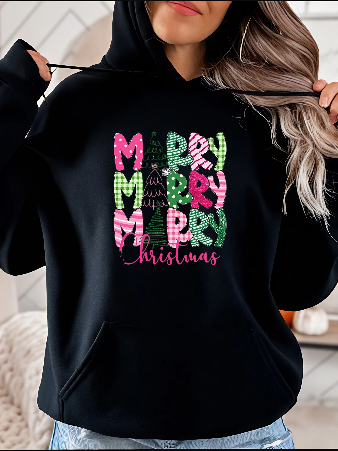 

Merry Merry Merry Christmas Print Hoodie Festive Holiday Design Women's Casual Wear Winter Outfit