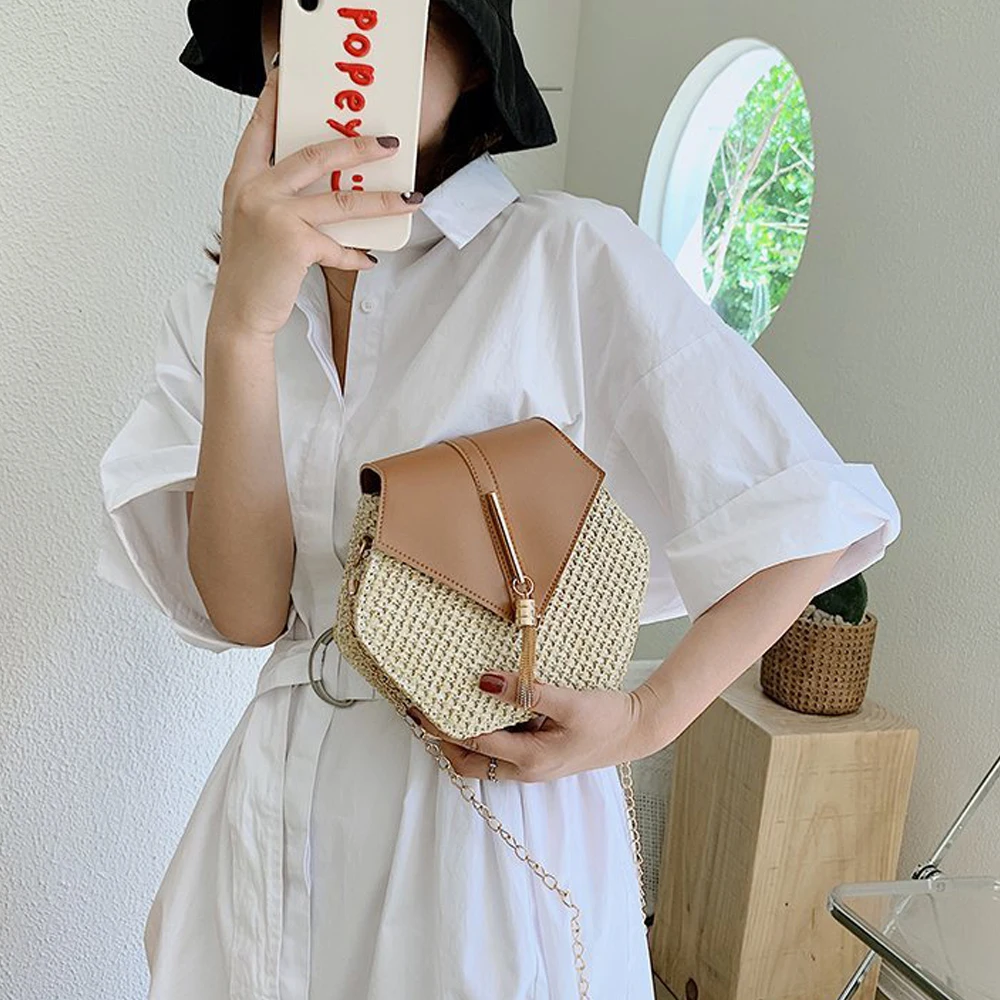 New trendy Korean woven hexagonal women's bag, solid color single shoulder crossbody bag, grass woven bag, tassel chain bag