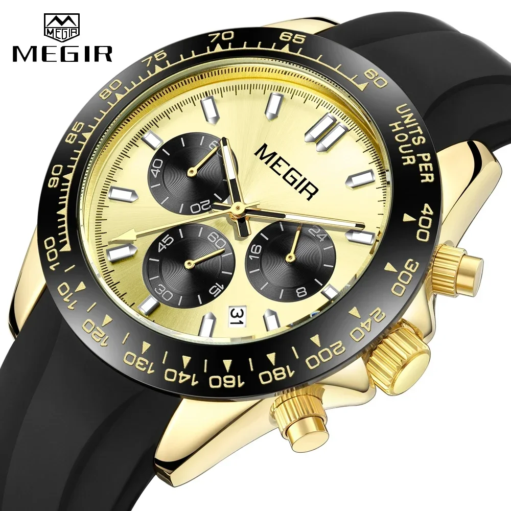 MEGIR Fashion Watch for Men Silicone Strap Sport Chronograph Quartz Waterproof Man Wristwatch With Calendar Date 24-hour Display