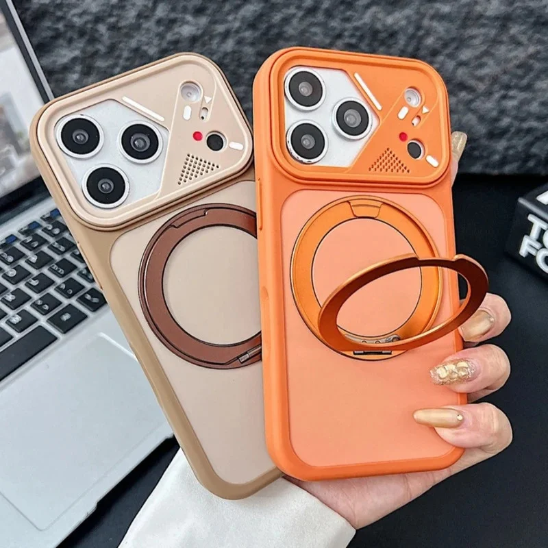 Luxury matte metal stand phone case  for IPhone 17 16 15 14 13 12 Pro Max wireless charging lens shockproof protective cover