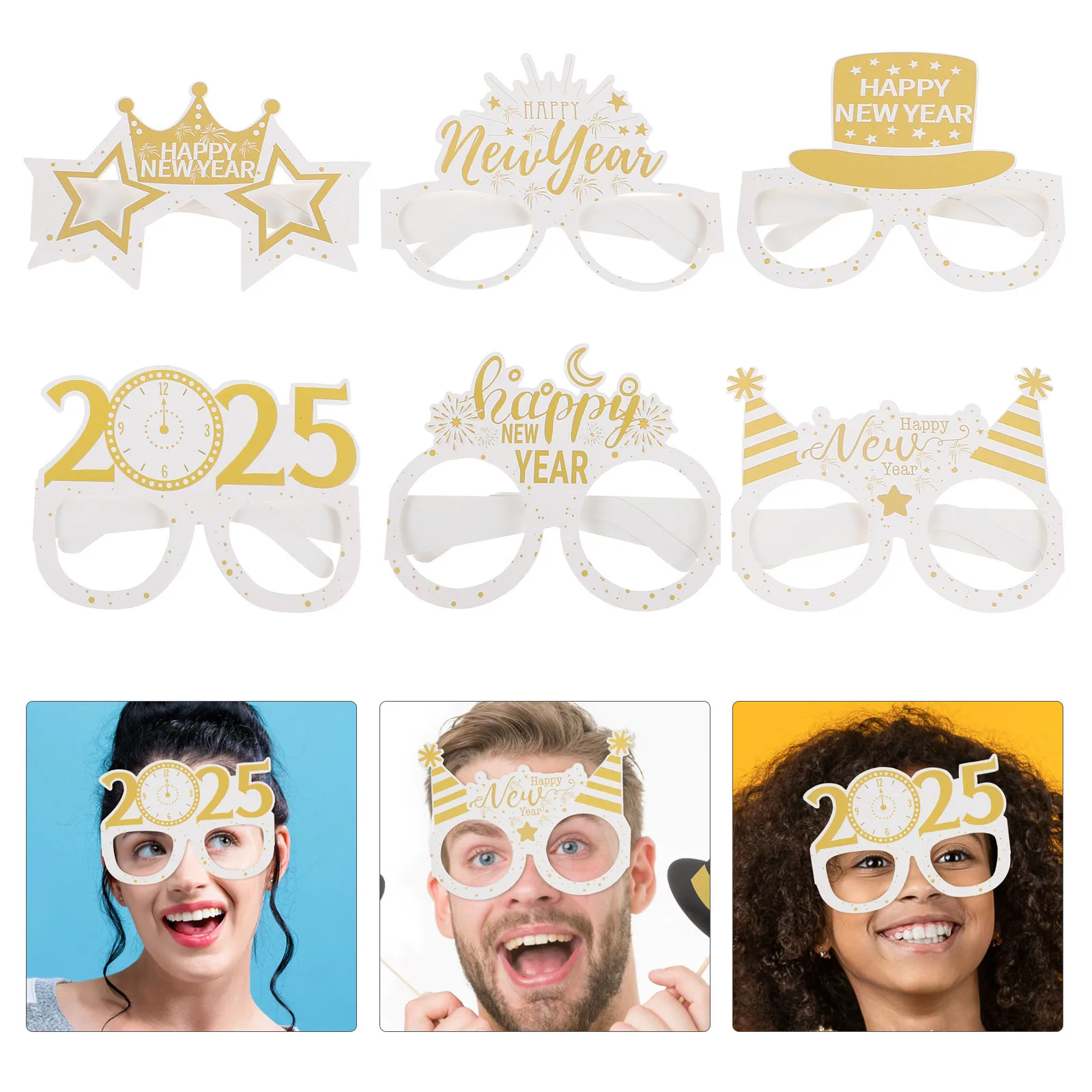 

6pcs 2025 New Year Party Glasses Paper Eyeglasses Festive Celebration Decorations 3D Design Photo Booth Props Holiday Party