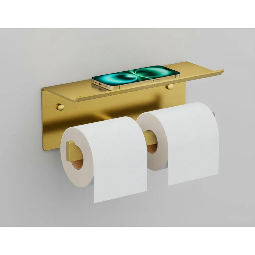 

Double Toilet Paper Holder with Shelf, 304 Stainless Steel Wall Mount Dispenser, Brushed Gold for Bathroom