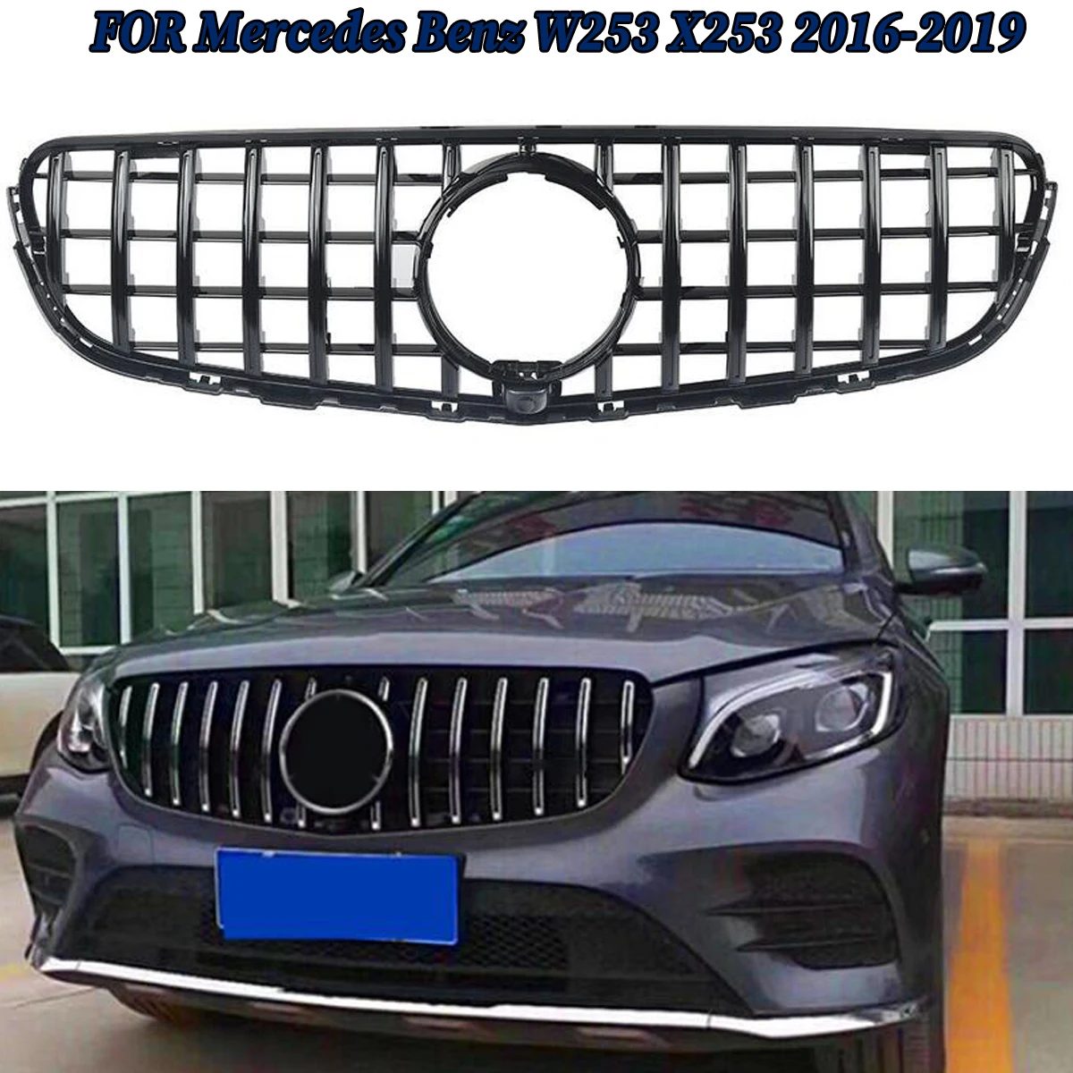 

GT Style Front Grill Grille For MERCEDES W253 X253 GLC300 2016-2019 Shiny Black