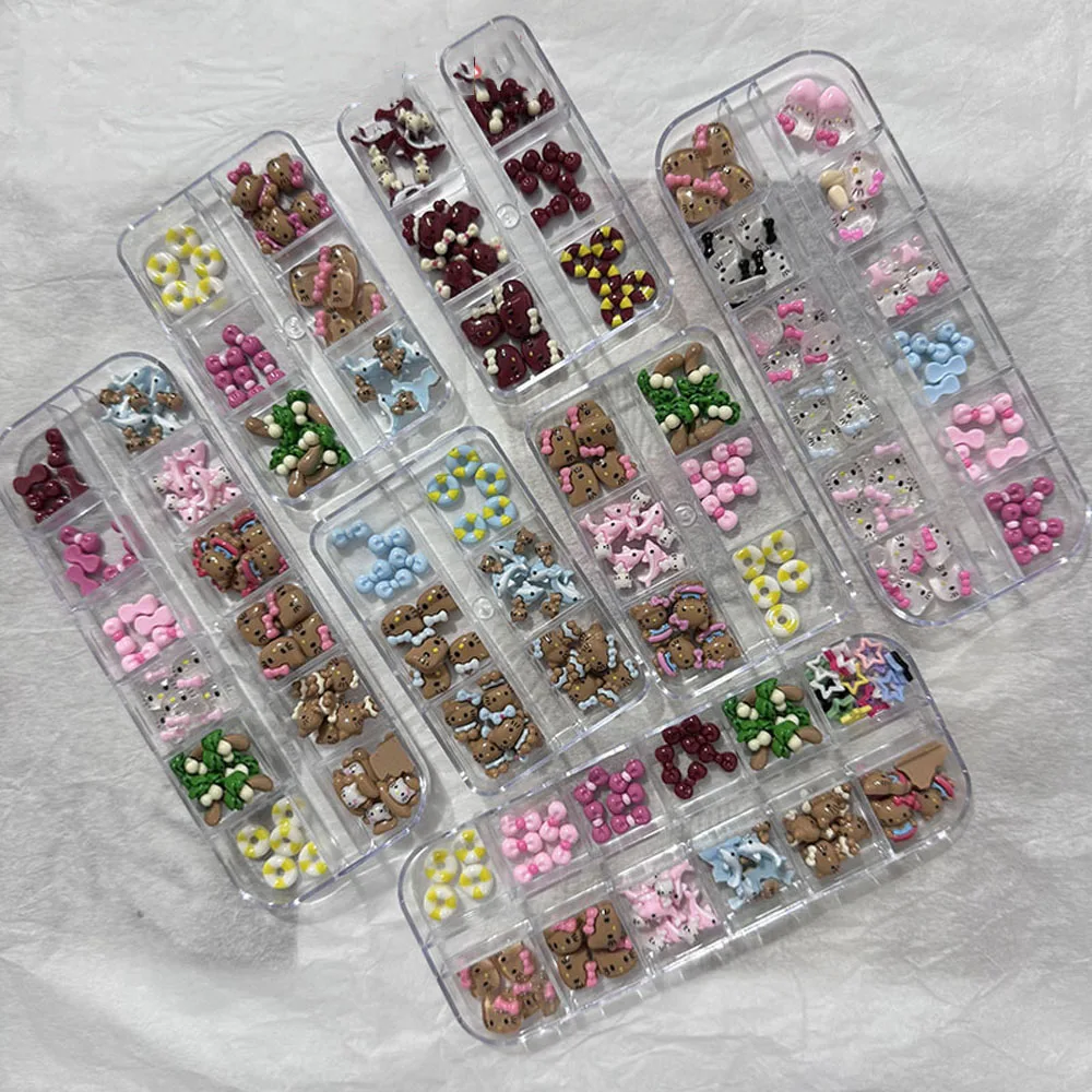 

12Grids Cartoon Tanning Kitty Mixed Nail Charms 3D Kawaii Summer Hawaiian Hello Kitty Resin Rhinestones DIY Nail Art Decoration