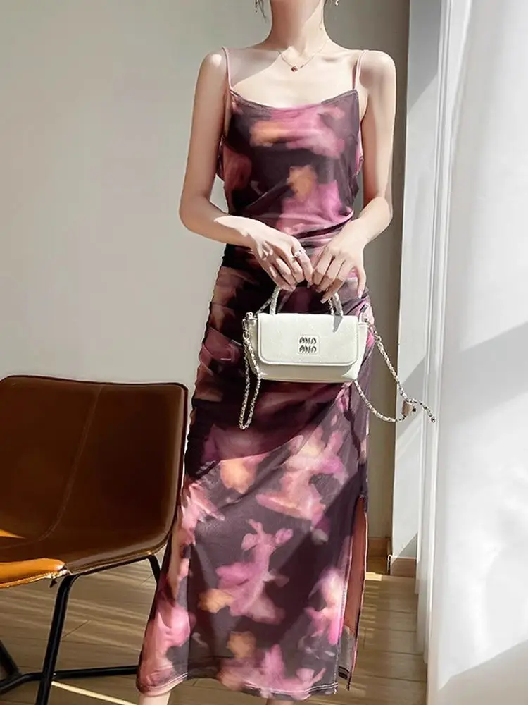 섹시한 플로럴 프린트 레이스 폴드 헴 슬립 드레스 여성 여름 2025 슬림 롱 스커트 슬림 웨이스트 A라인 가운