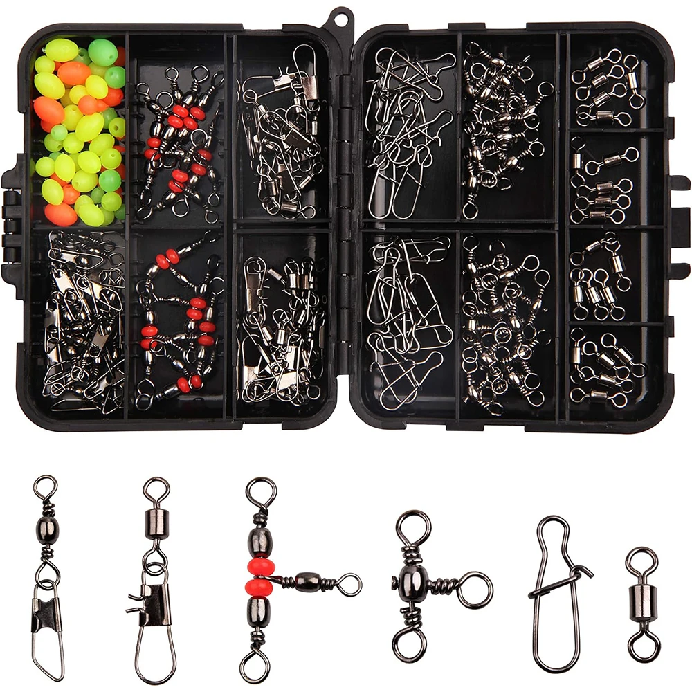 140Pcs Fishing Swivel Snaps Kit Ball Bearing Swivel Snap Barrel 3 Way Triple Swivel Connector Clips Beads Fishing Accessories