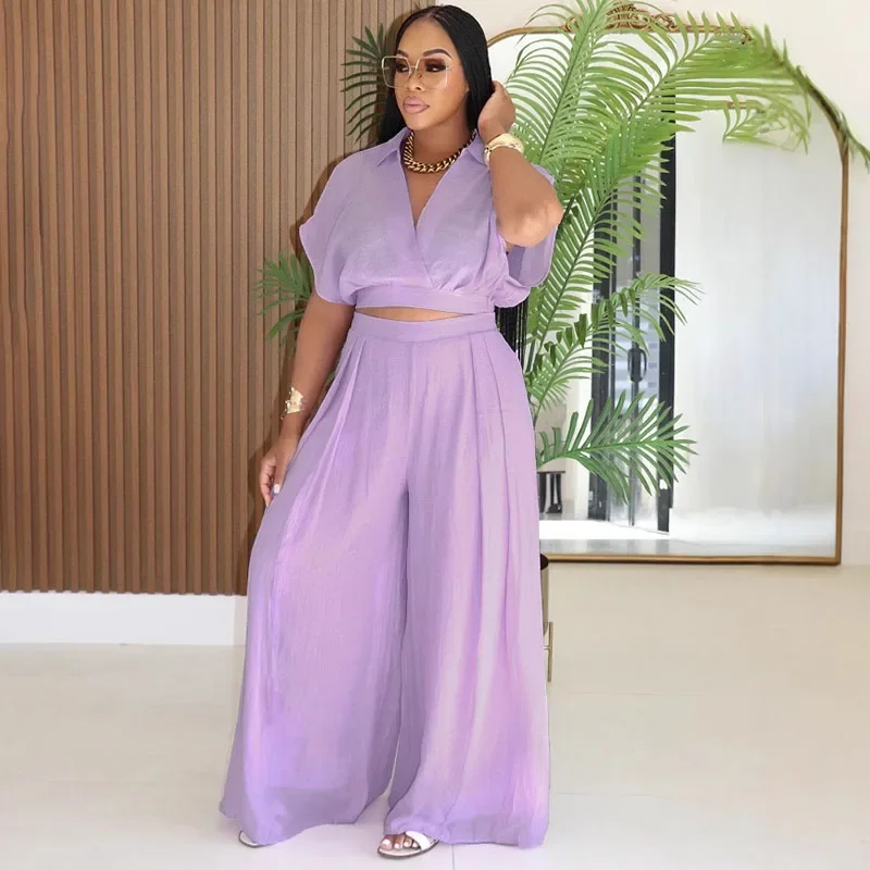 Conjunto informal holgado liso de 2 piezas para mujer, ropa de verano, Top corto de vacaciones y pantalones de pierna ancha, conjuntos a juego para correr para mujer