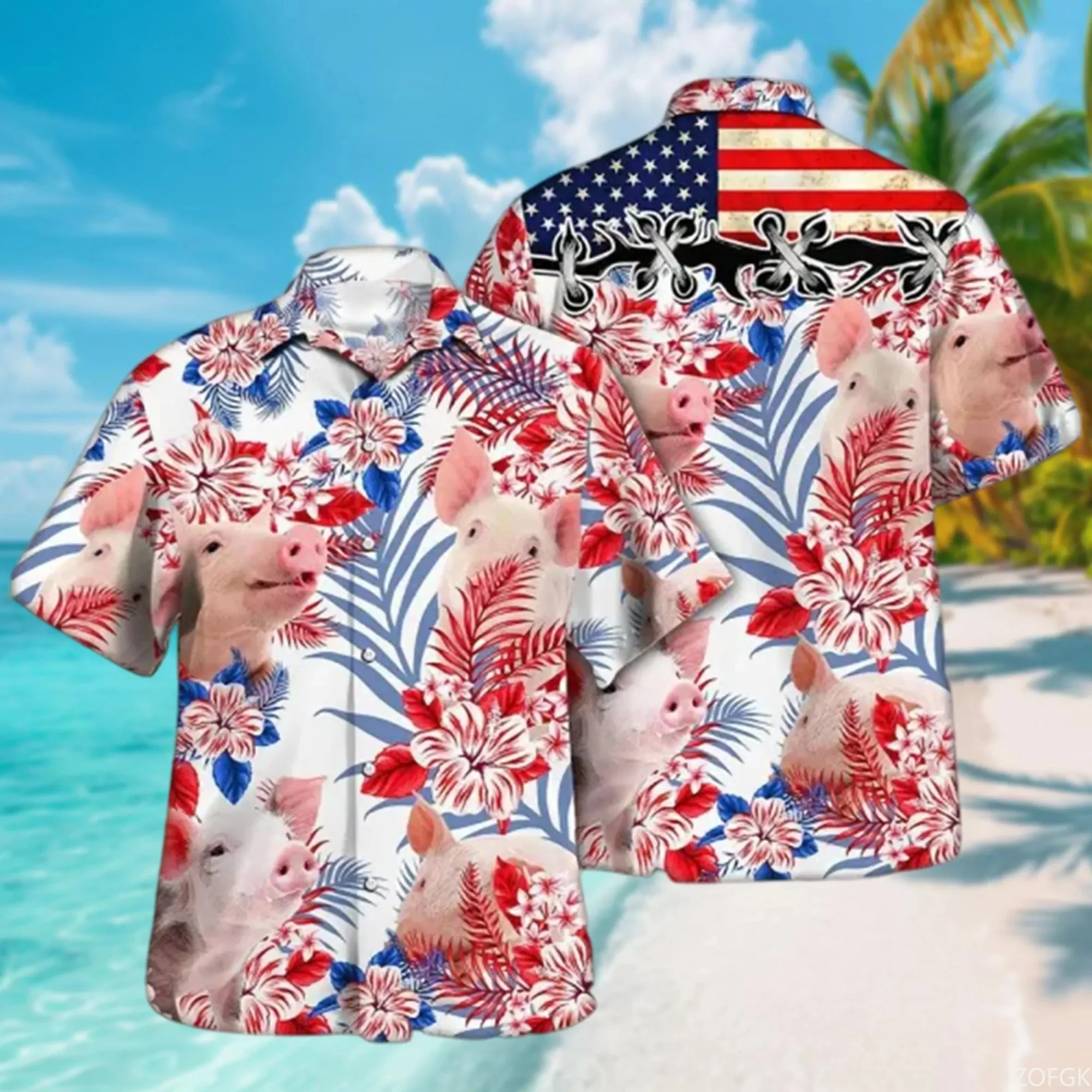 قميص هاواي صيفي خنزير وردي صيفي ألوها قميص ملابس قميص هاواي صيفي #6