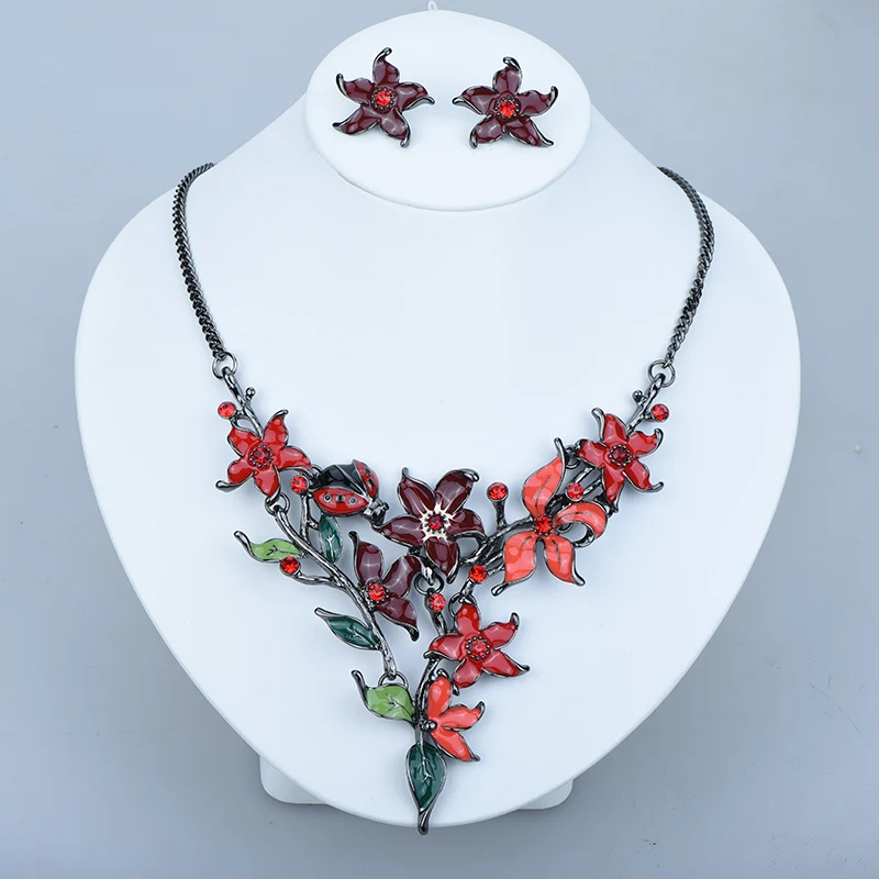 ICEYY Red Enamel Ladybug 3D Flowers and Green Leaves Collar Necklace Earrings jewelry Set for women free shipping