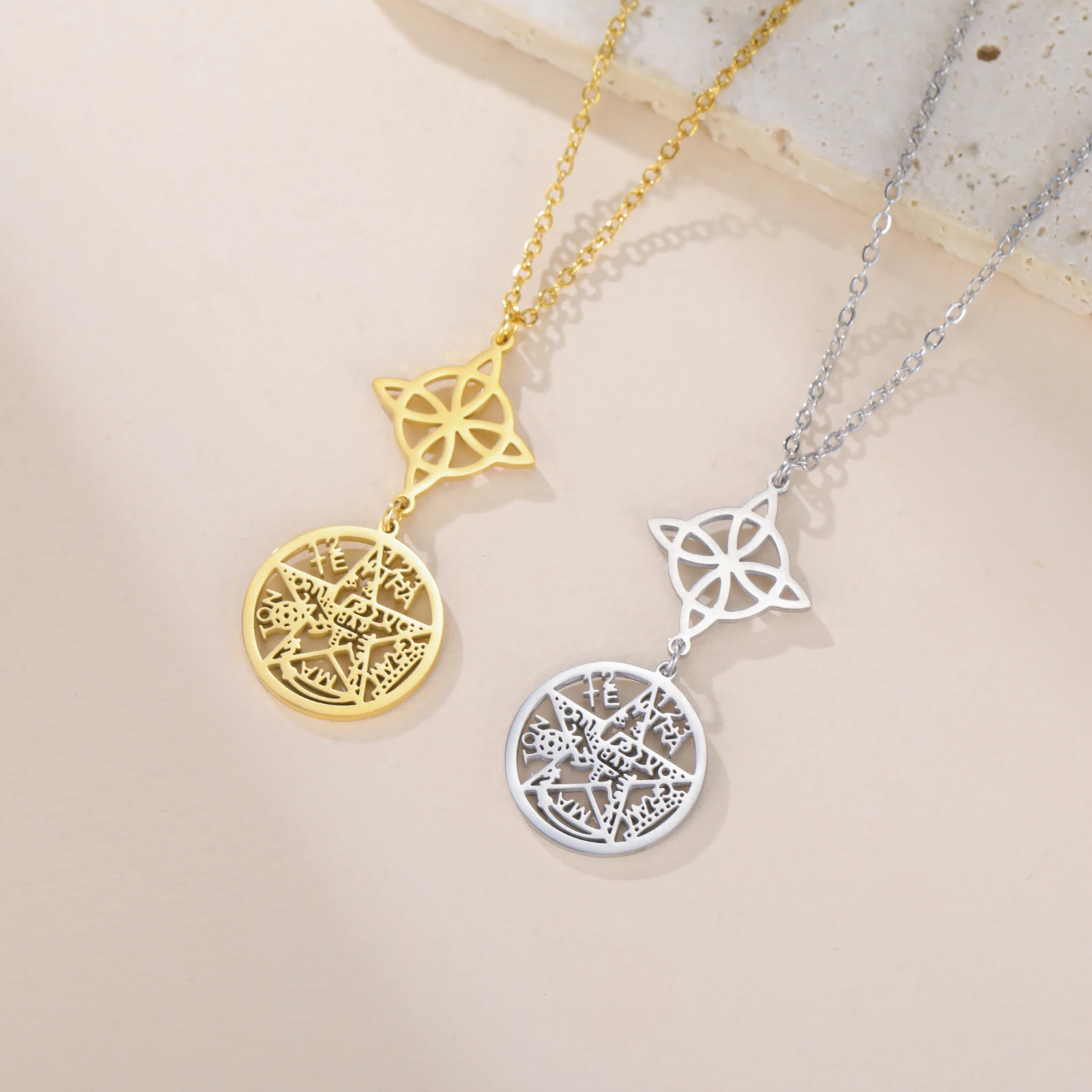 Collar de Protección Doble Amuleto Lemegeton, Nudo de Bruja, Pentagrama, Tetragramatón, Joyería de Protección de Acero Inoxidable, Venta al por Mayor