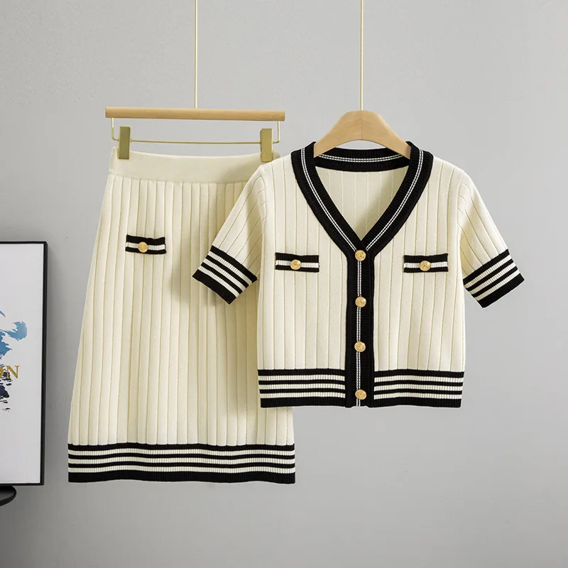 

Женский летний вязаный кардиган с короткими рукавами, топ и юбка трапециевидной формы, элегантный темпераментный комплект из двух предметов, новинка 2023 года, B657