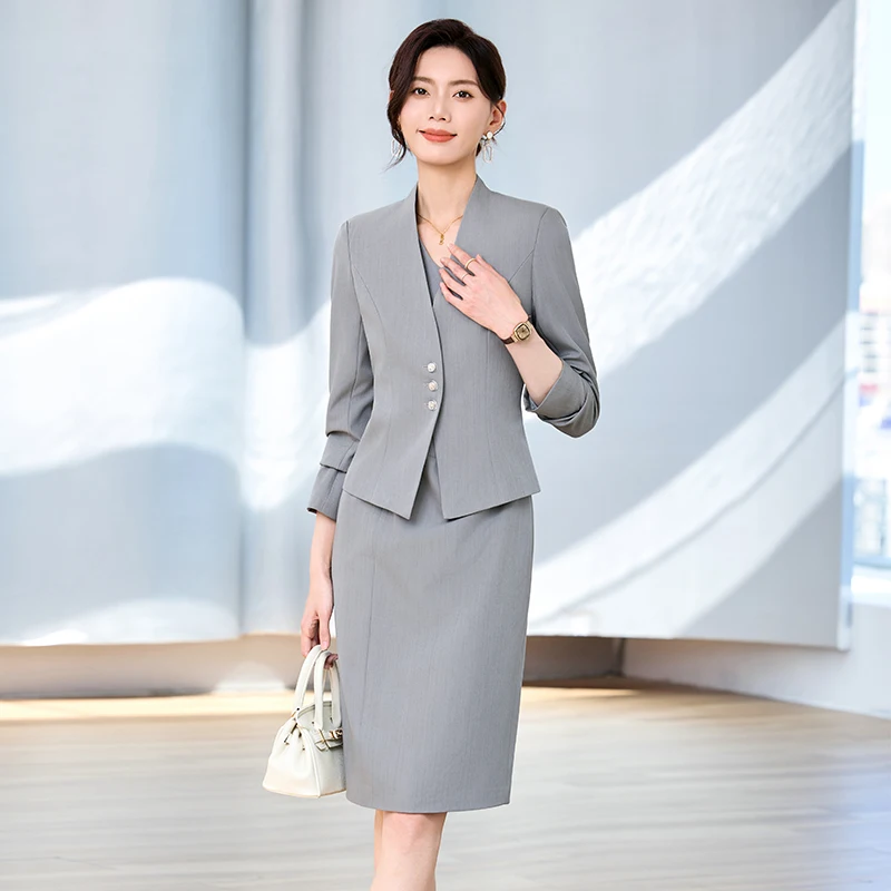 Navu moda cinza vestido terno feminino negócios temperamento manga longa fino blazer e vestidos escritório senhoras uniforme de trabalho estilo ol