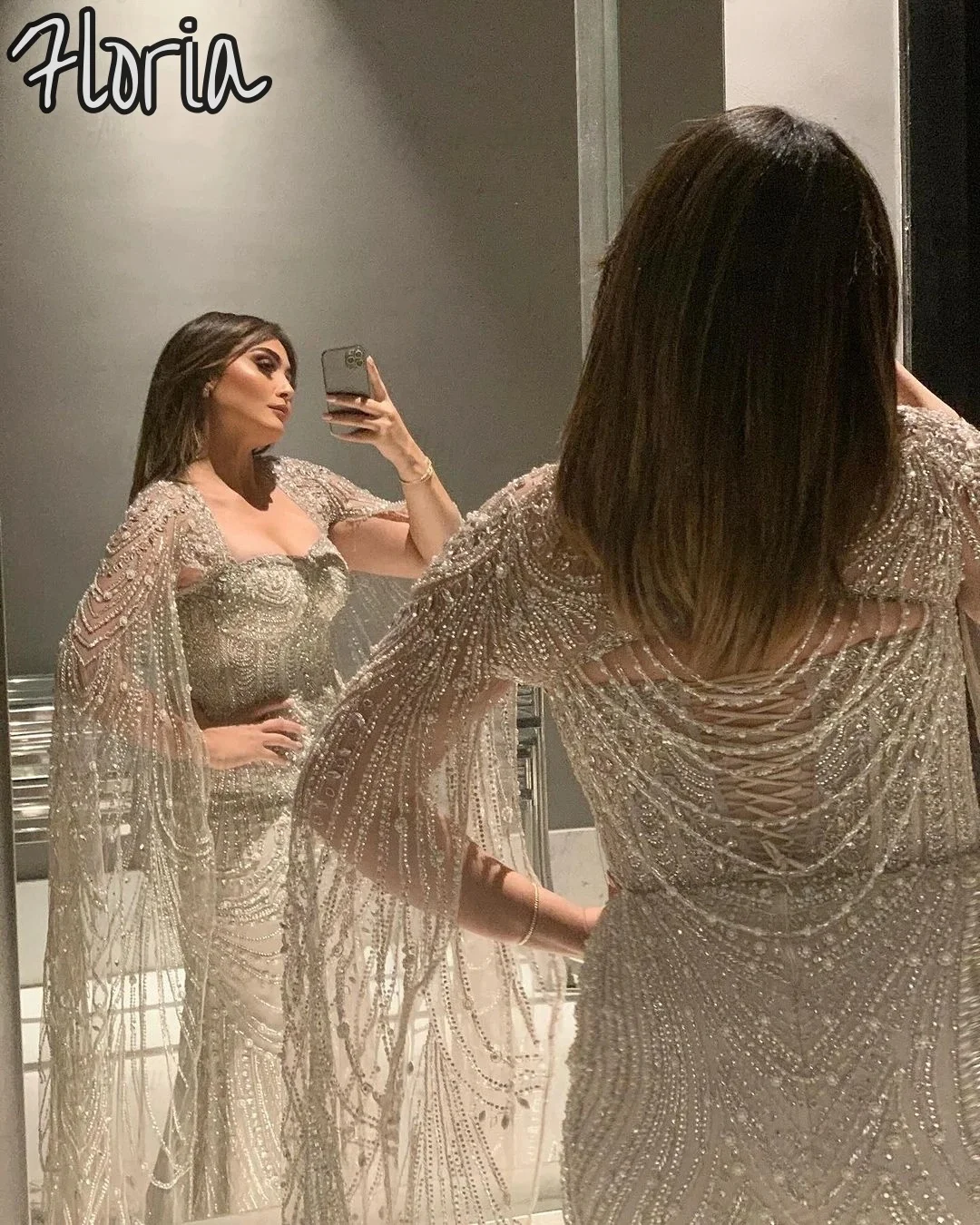

Exquisite Dubai Muslim Formal Long Cape Sleeves Evening Dresses Elegant Full Beaded Mermaid Prom Party Gowns for Women