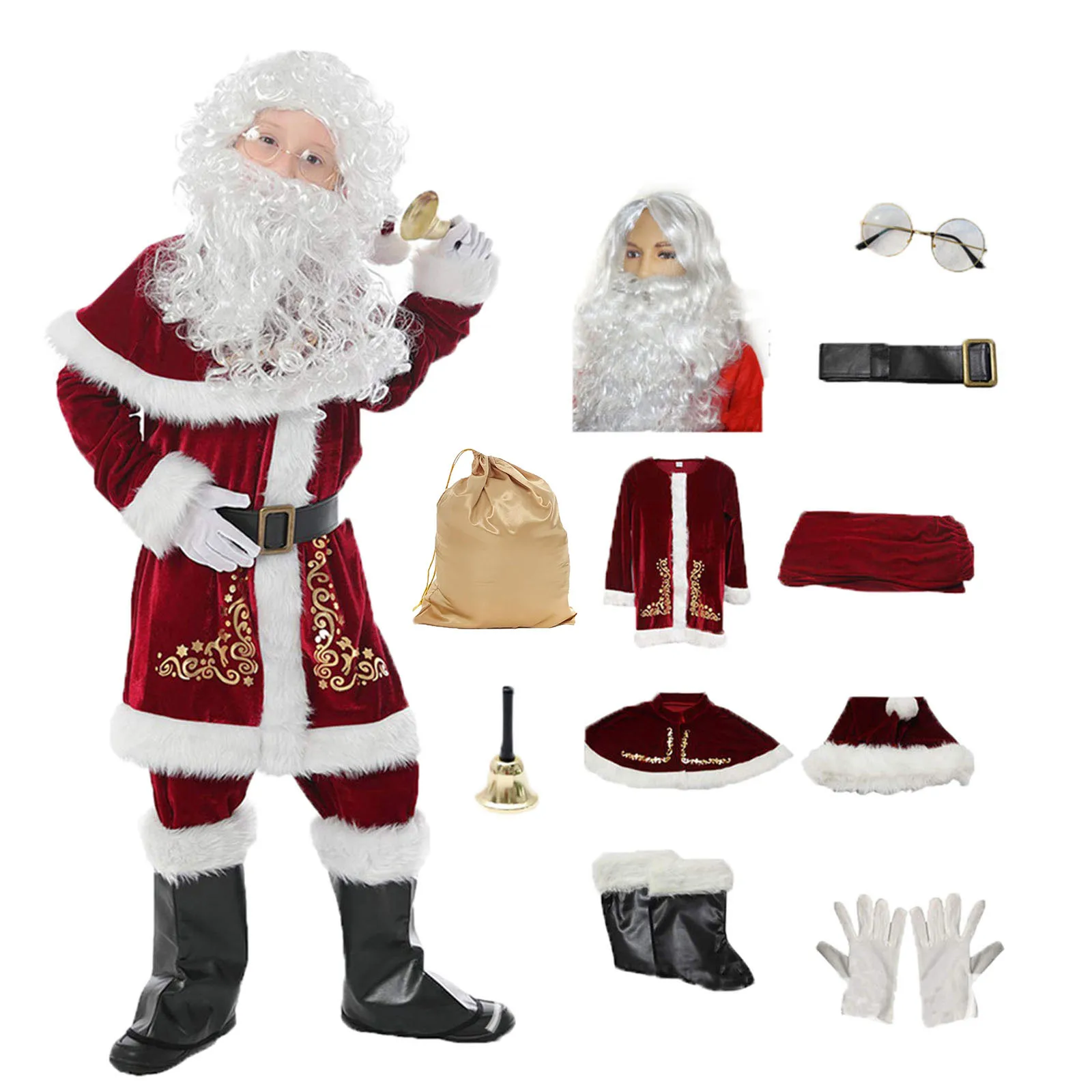 Children's Santa Suit 12PCS Christmas Party Children Family Costume Santa Claus Costume Kids Christmas Cosplay Costume RolePlay