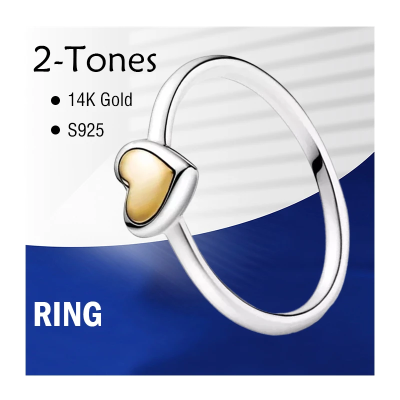 

Classic Two Tones Finger Stack Couple Rings For Women Real 585 Gold Domed Love Heart 925 Sterling Silver Original Fine Jewelry