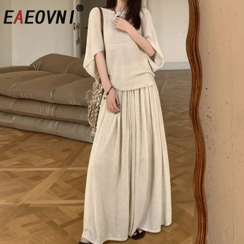 

EAEOVNI Casual Loose Linen 2 Piece Set For Women Knitted Sunscreen Blouse + Long Folds Skirt Elegant 2025 New Clothing 1A1608