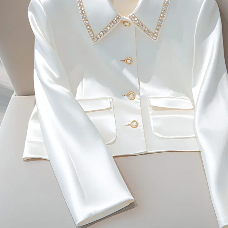 Francese Casual pendolare diamante vestito colletto manica lunga monopetto elegante bianco Business Blazer giacca corta donna autunno