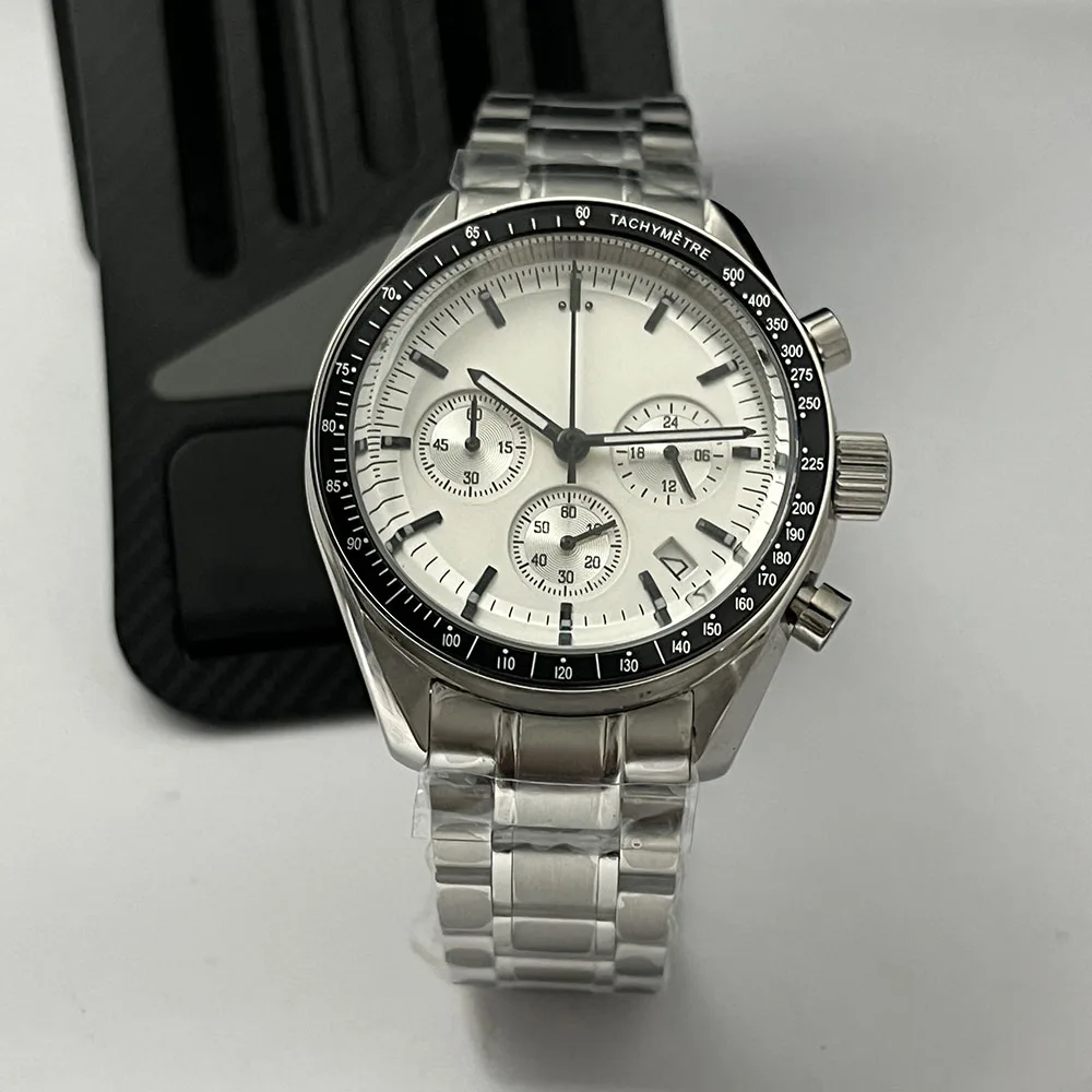 39.8 stainless steel case automatic calendar men's watch VK63 movement Thick transparent mirror black and white watch A image 3