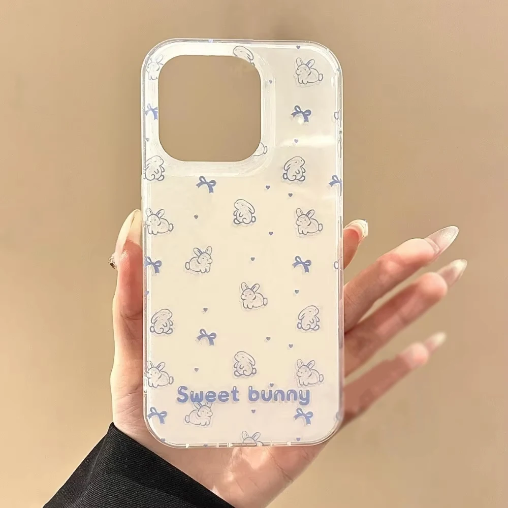 Чехол для телефона Kawaii Cartoon Lines Bunny Bowknot Love для iPhone 16 ProMax 15 14 Plus 13 12 11 Pro, противоударная силиконовая задняя крышка