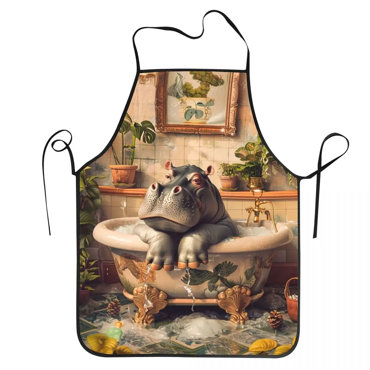 Funny Cartoon Hippo Apron Chef Cooking Tablier Waterproof Bib Kitchen Cleaning Pinafore for Women Men Painting