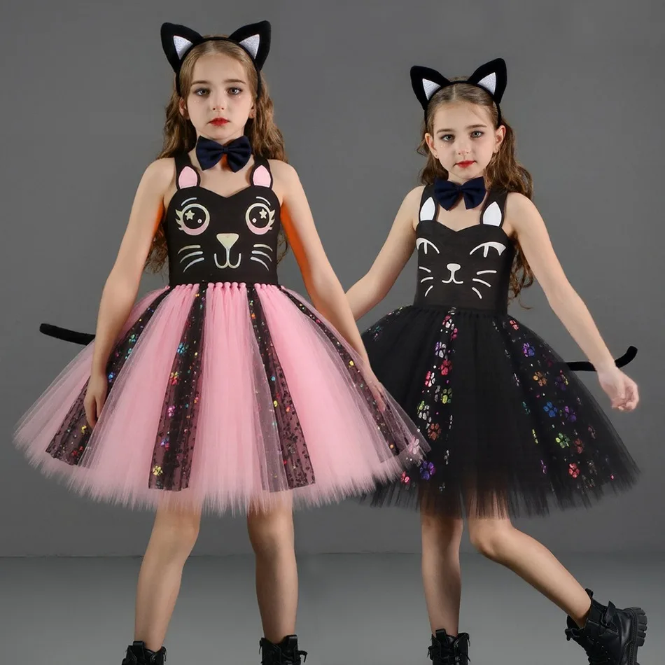

Festival Raccoon Cosplay Costume Girls Annimal Cat Dress Up Black Pink Tutu Dress Carnival Birthday Fantasy Children Zoo Vestido
