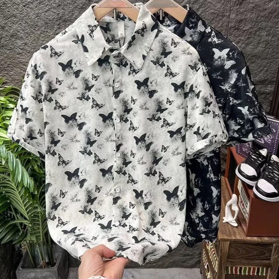 

Мужской летний топ свободного кроя из лёгкого шелка с принтом, роскошный, драпированный, повседневный, модный